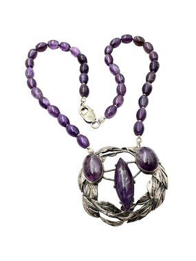 Womens Necklace Sterling Silver Amethyst Artisan Leaf Design Pendant Unique